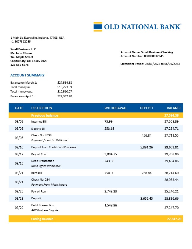 Ancien relevé de compte d'organisation de la Banque Nationale Modèle Word et PDF